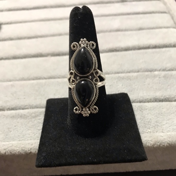 New Genuine Sterling Silver Black Onyx Double Stone Ring Size 8.5-8.75 Crystal - Picture 11 of 16